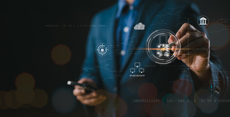 Fototapete - Network security. Businessman using digital tablet with digital padlock for data protection, internet technology networking and cyber security technology