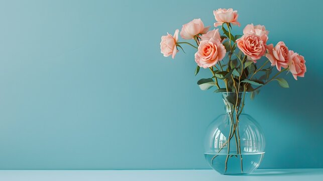 青い壁の前に置かれたバラの花束が入った花瓶