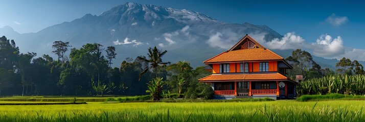 Local house with background of Mount Marapi, West Sumatra, Indonesia realistic nature and landscape
