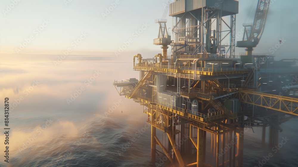 Large oil rig is visible against the background of a foggy sky. The oil ...
