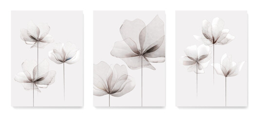 Wall Mural - black and white art background with transparent flowers in watercolor style. botanical poster set fo