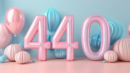 Wall Mural - Pink and blue balloons with realistic glossy number 440 in 3D style imitation on a blue background, cover for error 440