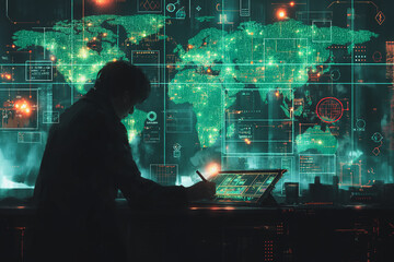 Wall Mural - a man is sitting at a desk with a computer monitor in front of him