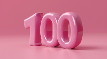 Sticker - A realistic glossy pink number 100 in 3D style imitation on a matching pink background