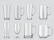 © Vector Tradition - Realistic empty transparent beer glass and tankard glassware. Realistic 3d vector set of isolated transparent cups for alcohol, water, cocktail and refreshing drinks. Mockups of mugs for beverages