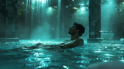 Wall Mural - A man relaxing with an underwater massage in a spa pool with jets and soft underwater lighting.