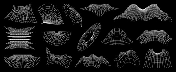 Wall Mural - wireframe grid and mesh, futuristic net. 3d vector set of cyber neo futuristic shapes, wavy geometri