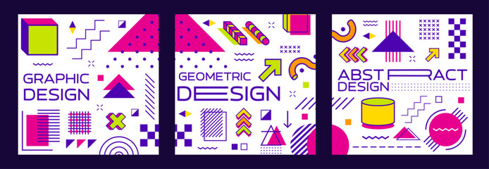 Wall Mural - Abstract geometric square Memphis banners with minimal line shapes and figures, vector backgrounds. Memphis pattern posters with abstract geometric figures and isometric elements of arrows and circles