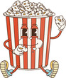 Cartoon retro groovy popcorn bucket character, vector funny comic in 70s hippie art. Groovy funky popcorn bucket box eating popcorn and sitting with happy smile face, cinema movie cartoon character