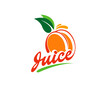 Fresh peach juice icon, apricot fruit drink and smoothie label. Ripe juicy peach or apricot fruit vector symbol with juice splash and drops, green leaves and swoosh. Summer vitamin cocktail beverage