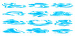 Rain water puddles. Isolated cartoon vector set of blue water splashes with uneven fluid wavy edges and drops. Paint spot, blot, rainwater puddle stains or blobs. Liquid watery wet shapes or leaks