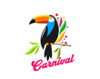 Brazil carnival party icon with toucan. Rio carnaval entertainment event of samba dance and latin music isolated vector sign with tropical toucan or toucanet bird with colorful feathers and confetti