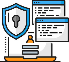 Poster - IT specialist career, web development vacancy, security specialist job thin line color icon. Web and app development, network security career outline vector sign with laptop, browser window and shield