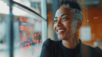 Smiling female entrepreneur writing on glass wall using felt tip pen, 
