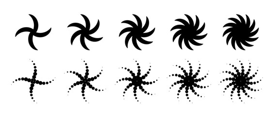 Poster - Different twist or swirl element set. Black twirl and rotating line collection. Solid and dotted radial revolving whirlwind symbol bundle. Tornado or whirlpool rotation effects. Vector graphic design