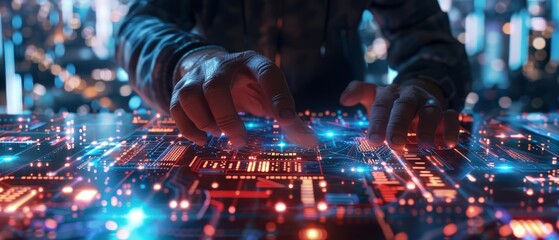 A closeup of an engineer programming a hightech transportation network on a holographic display