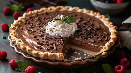 A chocolate pudding pie with chocolate and whipped cream garnish. 