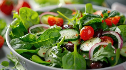 The background of a salad bowl is white and it is filled with spinach leaves, cherry tomatoes, lettuce, cucumbers, and many other vegetables