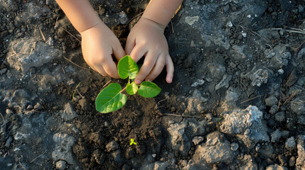 child hand planting a plant zoom view 2