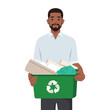 Black man holding recyclables. Public service advertising poster concept. Flat vector illustration isolated on white background