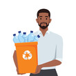 Black man holding recyclables. Public service advertising poster concept. Flat vector illustration isolated on white background