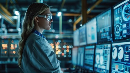 Wall Mural - AI-powered industrial automation system. Female engineer inspects smart factory system in control room. Woman in STEM.