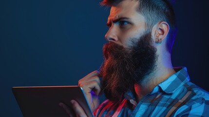 Wall Mural - Thoughtful young bearded man holding laptop and touch beard