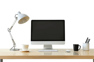 Wall Mural - Desktop setup with monitor, mouse, and keyboard on white table