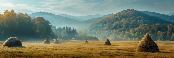 Wall Mural - Mountain hills with forest, Haystacks on meadow in autumn season realistic nature and landscape