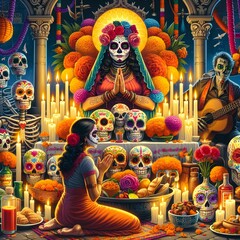 Wall Mural - Day of the Dead celebration with sugar skull and candles, colorful background