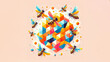 low-poly vector style illustration of cute colorful bees around a honeycomb