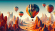 low-poly vector style illustration of hot air balloons flying over semi desert and rocky landscape