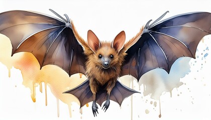 Wall Mural - Picture watercolor of Drawing of brown bat flying on isolated on cut out PNG or transparent background. Realistic clipart template pattern. For fabric texture design. work of art