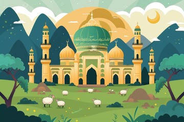 Wall Mural - Eid Al Adha Banner Design Vector Illustration. Islamic and Arabic Background for Muslim Community Festival. Moslem Holiday. 3D Modern Islamic  suitable for Ramadan, Raya Hari, Eid al Adha and Mawlid.