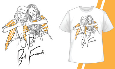 girls illustration with best friends forever slogan. vector graphic design t-shirt. cute smiley girl