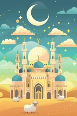 Canvas Print - Eid Al Adha Banner Design Vector Illustration. Islamic and Arabic Background for Muslim Community Festival. Moslem Holiday. 3D Modern Islamic  suitable for Ramadan, Raya Hari, Eid al Adha and Mawlid.