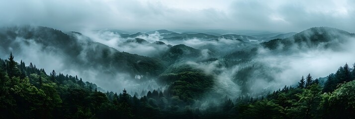 mountain landscape, fog, clouds, trees realistic nature and landscape