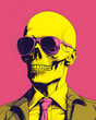 Yellow skull person in a sun glasses  on a magenta background