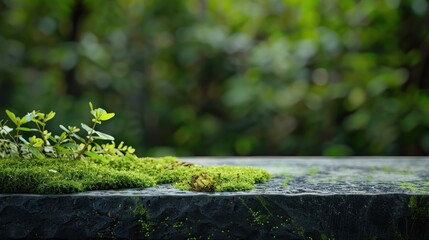 A moss covered rock with green plants growing on it