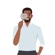 Young black man looking through magnifying glass. Flat vector illustration isolated on white background