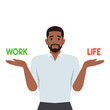 Young man choosing between business and personal. Work life balance concept. Flat vector illustration isolated on white background