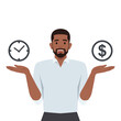 Young black man finding balance on metaphoric scales of money and time. Flat vector illustration isolated on white background
