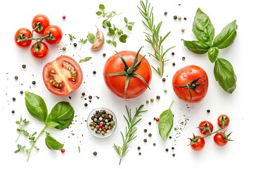 Wall Mural - fresh tomato herbs and spices isolated on white background top view