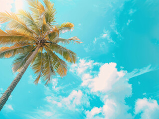 Canvas Print - low angle view of beautiful coconut tree over blue sky, fluffy cloud, copyspace area for text - ai