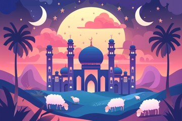 Canvas Print - Eid Al Adha Banner Design Vector Illustration. Islamic and Arabic Background for Muslim Community Festival. Moslem Holiday. 3D Modern Islamic  suitable for Ramadan, Raya Hari, Eid al Adha and Mawlid.