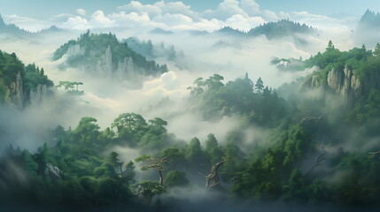 Wall Mural - aerial view on green forest, generative ai