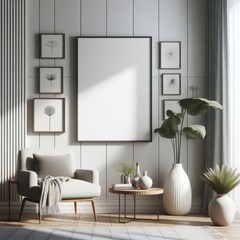 Wall Mural - A Room with a template mockup poster empty white and with a chair and a table and plants art photo attractive card design.