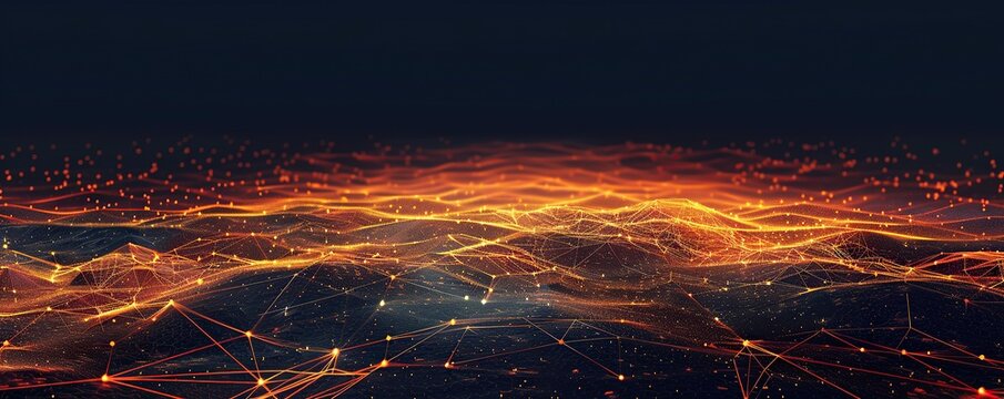 A broad design featuring a network of vibrant orange and yellow connections across a dark landscape