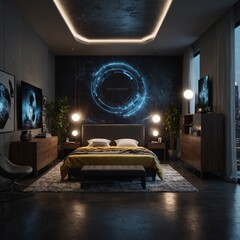 A bedroom that combines various styles and eras with futuristic elements. Mix vintage and modern style furniture together.