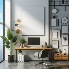 Wall Mural - A computer desk and chair in a room with a large window image harmony has illustrative meaning.